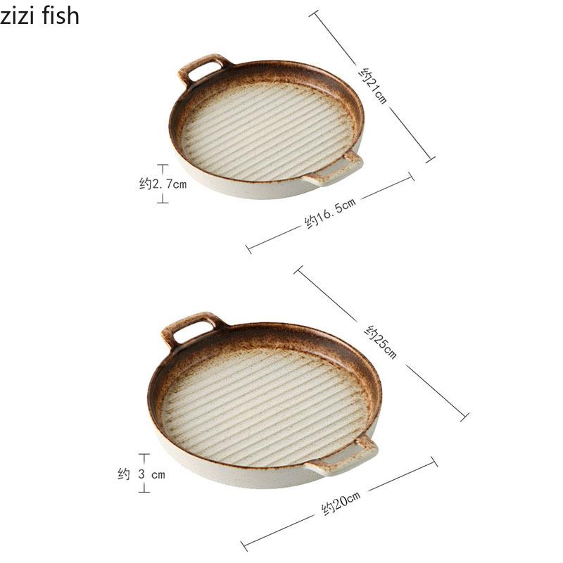 Double Ear Horizontal Texture Disc Ceramic Flat Plate Baking Plate Barbecue Plate Steak Plates Molecular Cooking Retro Tableware