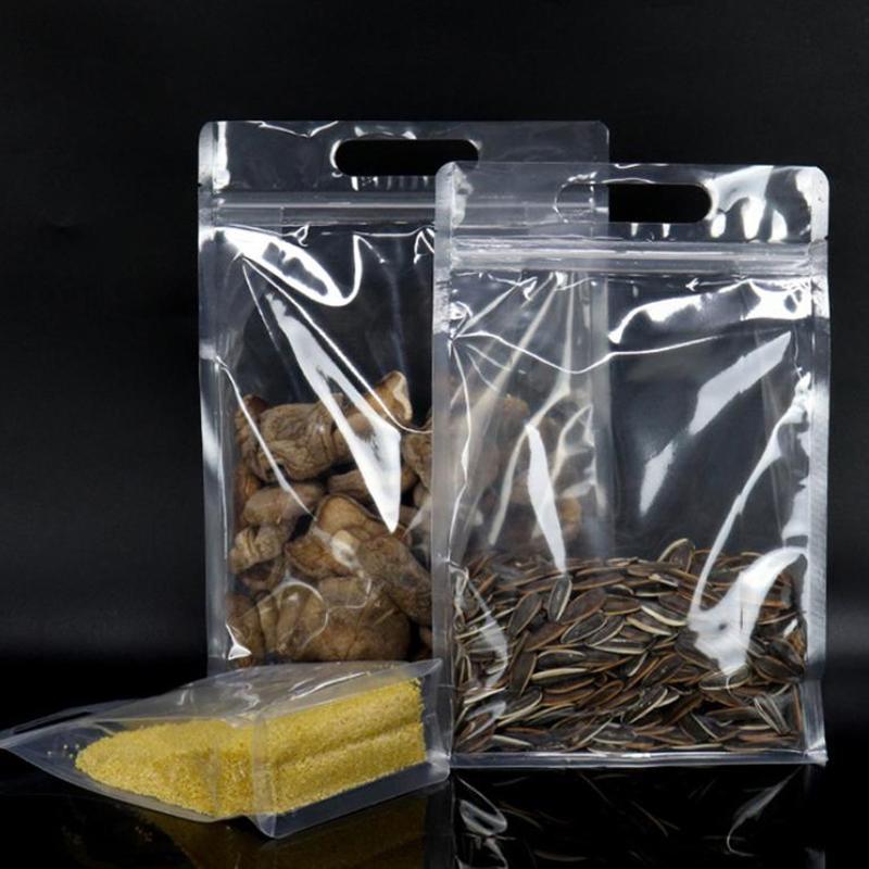 50Pcs Food Packaging Bags Transparent With Handle Stand Up Sealed For Candy Nuts Storage Reusable Zip Lock Pouches