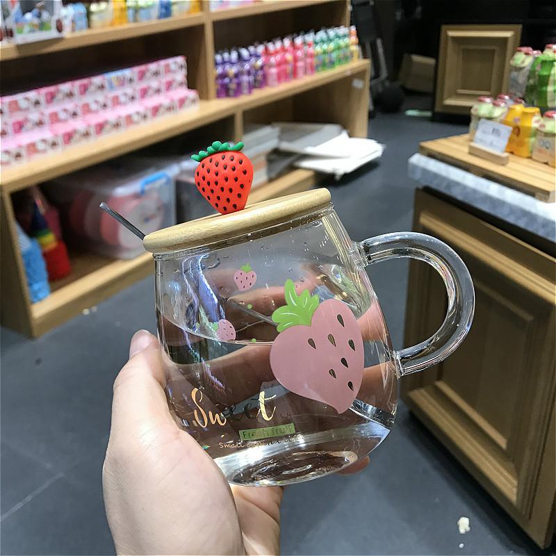 Hitzebeständige Glas-Milchtasse mit Griff Mikrowellenheizung Frühstückstasse mit Deckel Löffel für Haushalt Damen Flacher Boden Wasserbecher