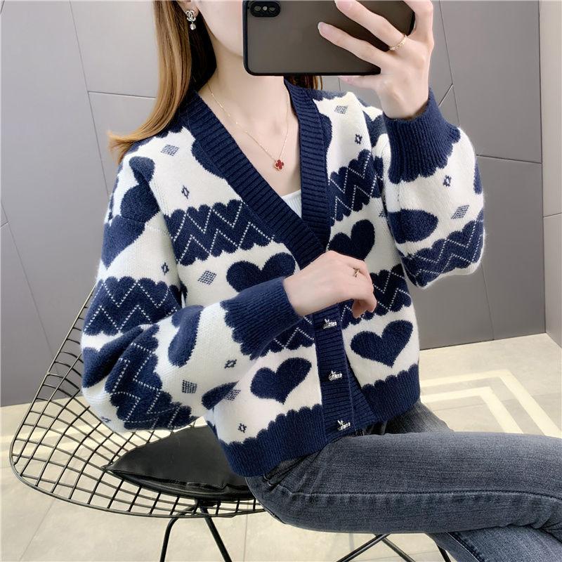 Autumn New Love Jacquard Collar Short Knitted Women's Cardigan with Sweater Women's Coat