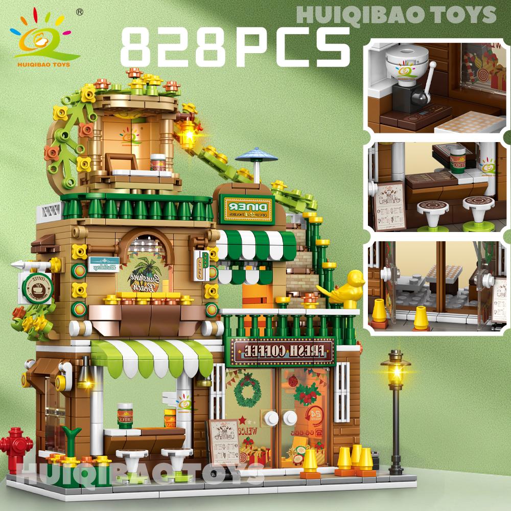 Stadtstraßenansicht Kaffee-Burger-Laden Hotel Modell Bausteine DIY Architektur Kommerzielle Straße Steine Spielzeug Erwachsener