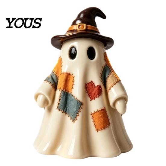 Cute Wizard Hat Desk Decorations Lighted Vintage Patchwork Ghost, LED Light Up Ghost with Pumpkin Lantern, Spooky Small Apartment