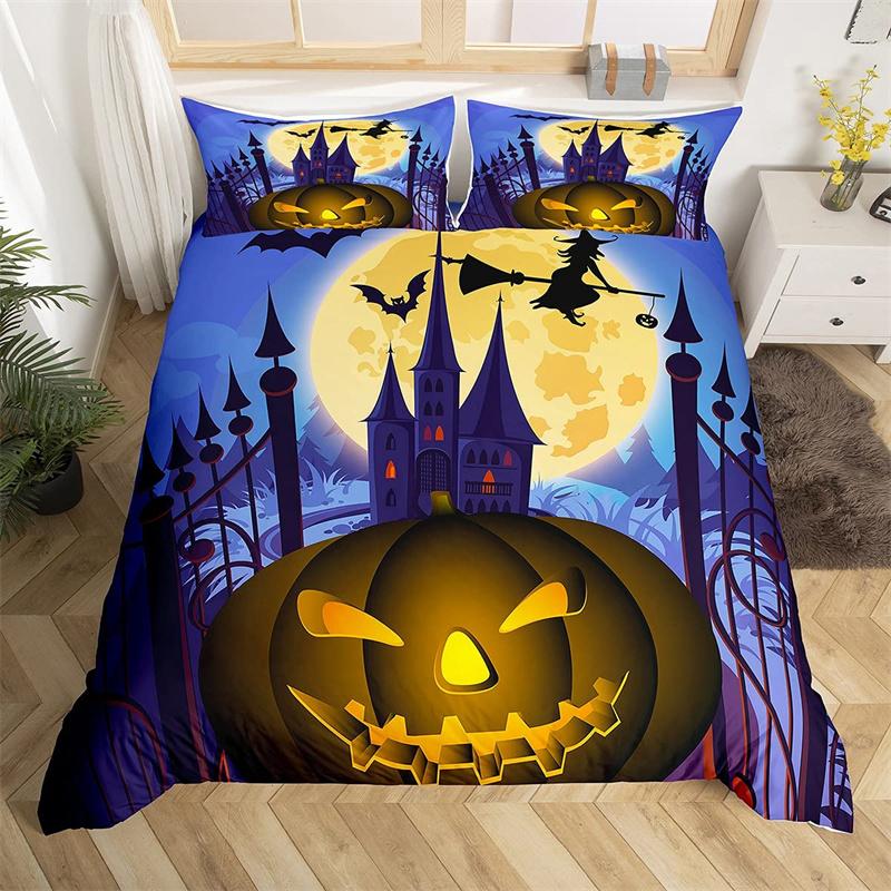 Halloween Duvet Cover Horror Pumpkin Lantern Bedding Set Polyester Crazy Scary Horseman Comforter Cover King For Kids Boys Girls