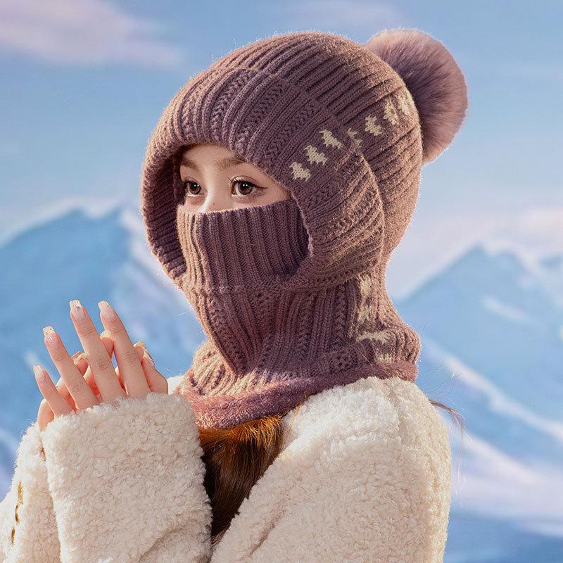 Fleece knitted warm hat women's outdoor cold scarf mask integrated hat winter cycling wool hat