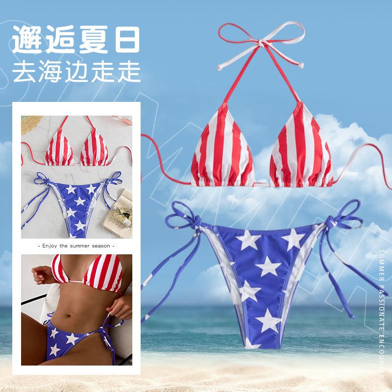 Europäische und amerikanische Badeanzüge Amerikanische Flagge Aufdruck Bikini Damen Neu Sexy Träger Geteilter Badeanzug Heiß verkaufende Bademode