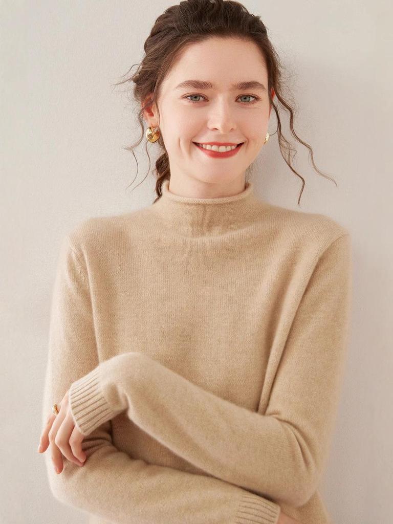 Women's Wool Blend Half-High Neck Knit Sweater - Fashionable Thickened Pullover for Autumn/Winter