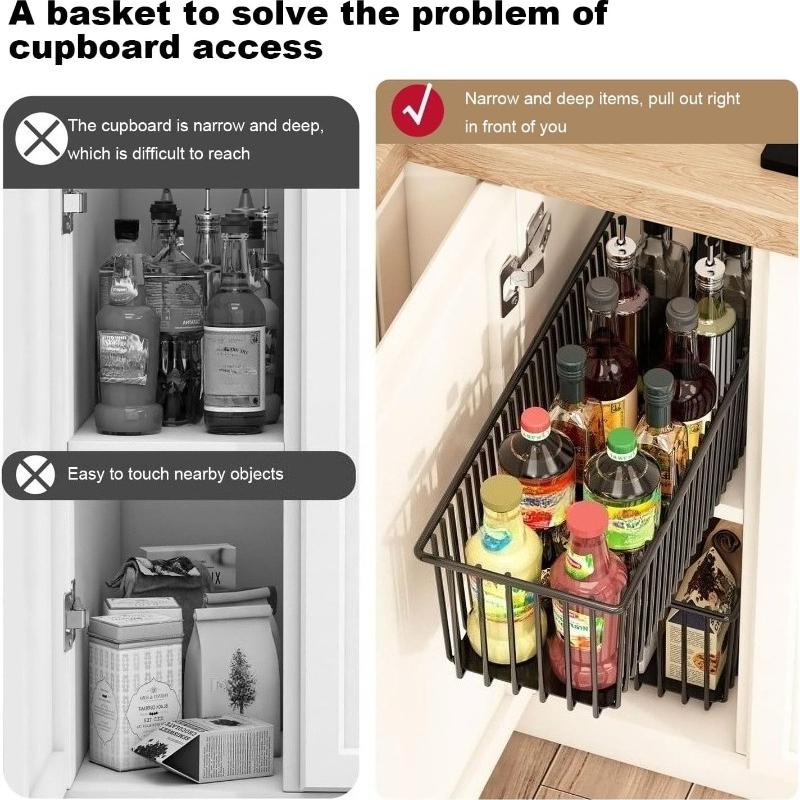 Pull Out Kitchen Storage Basket with Rails Carbon Steel Rustproof Pantry Organizer Cabinet Organizer Rack for Under Sink Estante