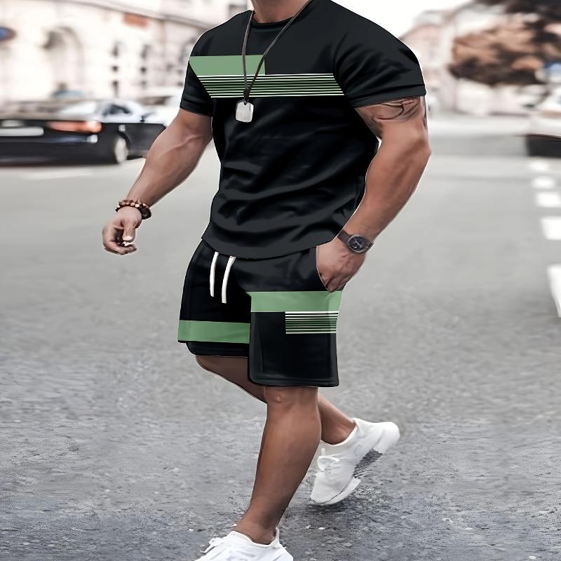 2-piece Printed Coffee Striped Men's Fashionable Casual Wear Short Sleeved Round Neck T-shirt and Pocket Drawstring Shorts
