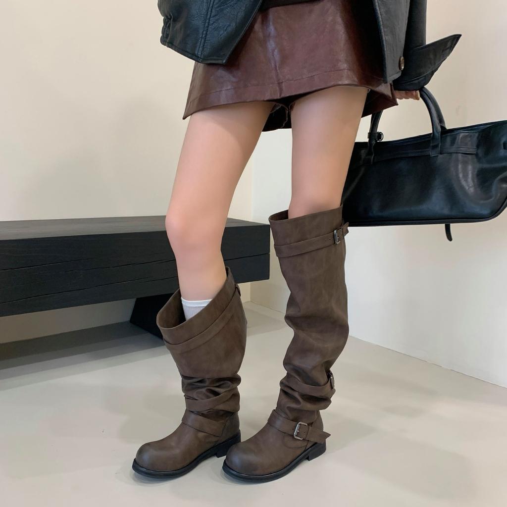 2025 new belt buckle stacking boots over the knee thick heel retro old long boots Korean version boots niche tooling boots women