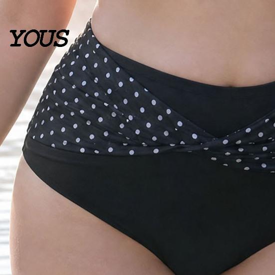 Plus Size Women Swimwear 2Pcs/Set Bikini Set, Cross-Chest V-Neck Bra with Built-In Support, Hong Kong Style High-Waisted Twist Swim Bottoms, Retro Dot