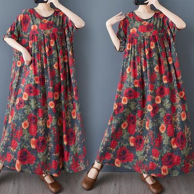 DIMANAF 2025 Summer Women Plus Size Vintage Dress Floral Short Sleeve Casual Basic New Printing Loose Long Dress