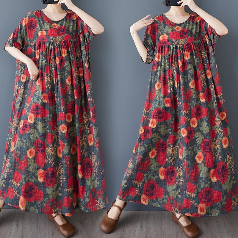 DIMANAF 2025 Summer Women Plus Size Vintage Dress Floral Short Sleeve Casual Basic New Printing Loose Long Dress