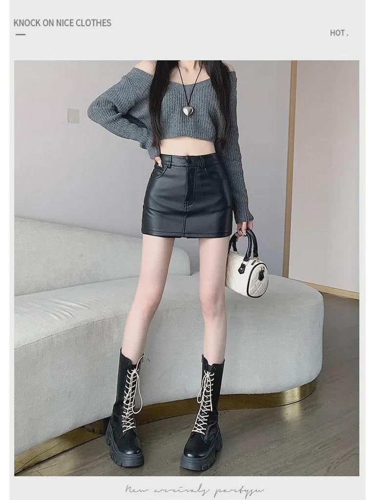 Black A-Line High Waist PU Leather Shorts Skirt for Women - Autumn/Winter 2023 Collection.