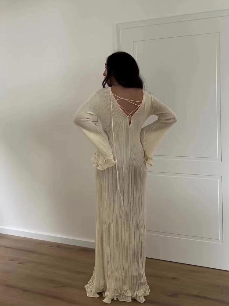 Elegant Flared Long Sleeve O-Neck Dress Women Casual Lace Fishtail Slim Party Dresses Female Fshion Chic Solid Summer Streetwear Dress