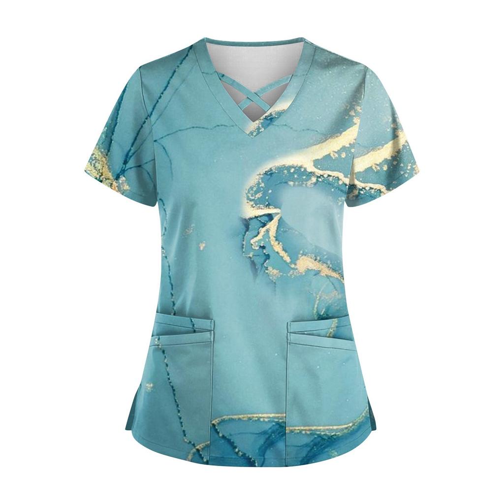 Plus size bonito impresso esfrega uniforme de trabalho topos para mulheres cruz com decote em v manga curta diversão camisetas workwear t com bolsos