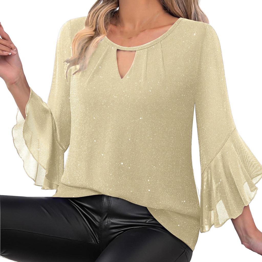 Women's Elegant Ruffled Shiny Stamped Seven-Sleeve Double Layer Mesh Top