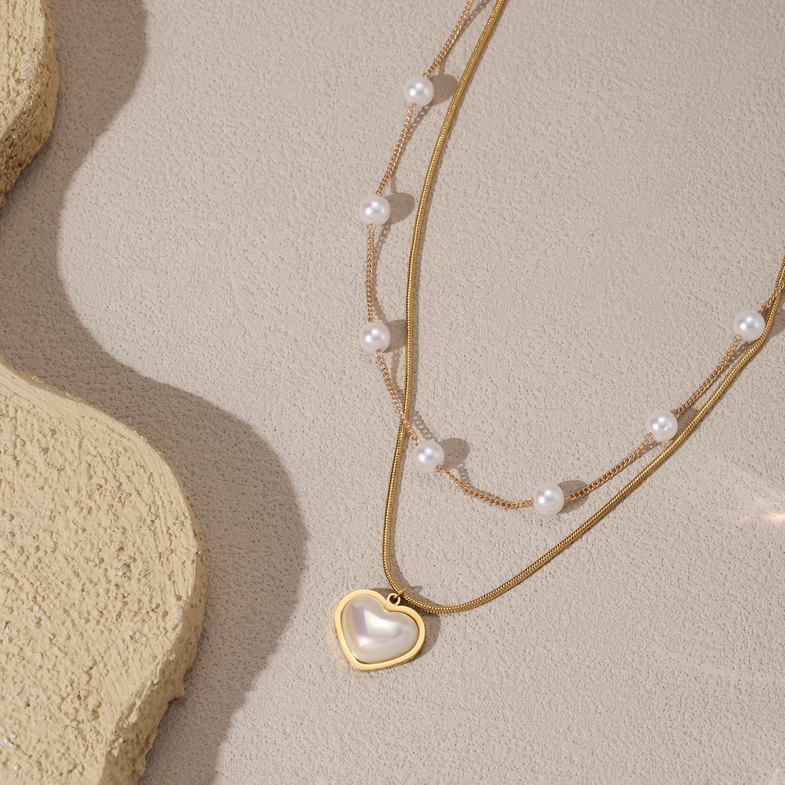 

Golden Double Layer Chain Heart Pearl Pendant Necklace for Women Elegant Jewelry Gift