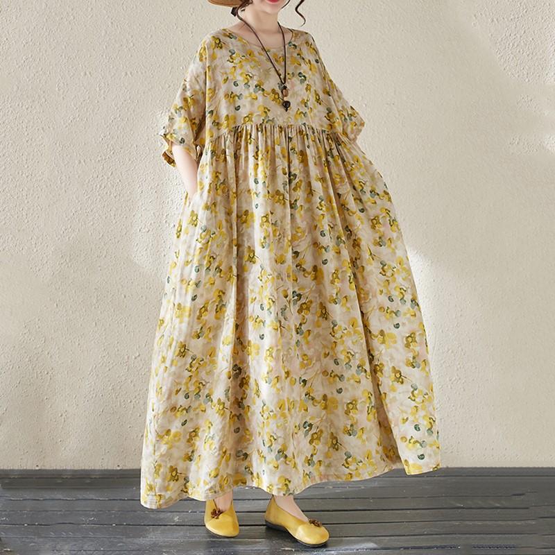 

Новые платья из хлопка с короткими рукавами больших размеров и цветочным принтом для женщин, повседневные свободные длинные летние платья жёлтый