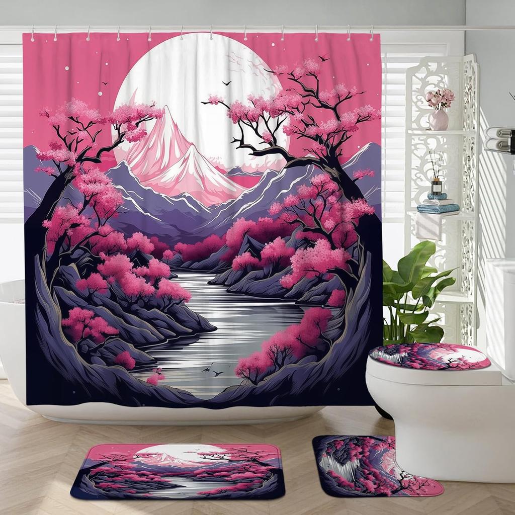 Japanese Cherry Blossom Shower Curtain Set, Asian Anime Shower Curtains for Bathroom Cool Watercolor Abstract Art