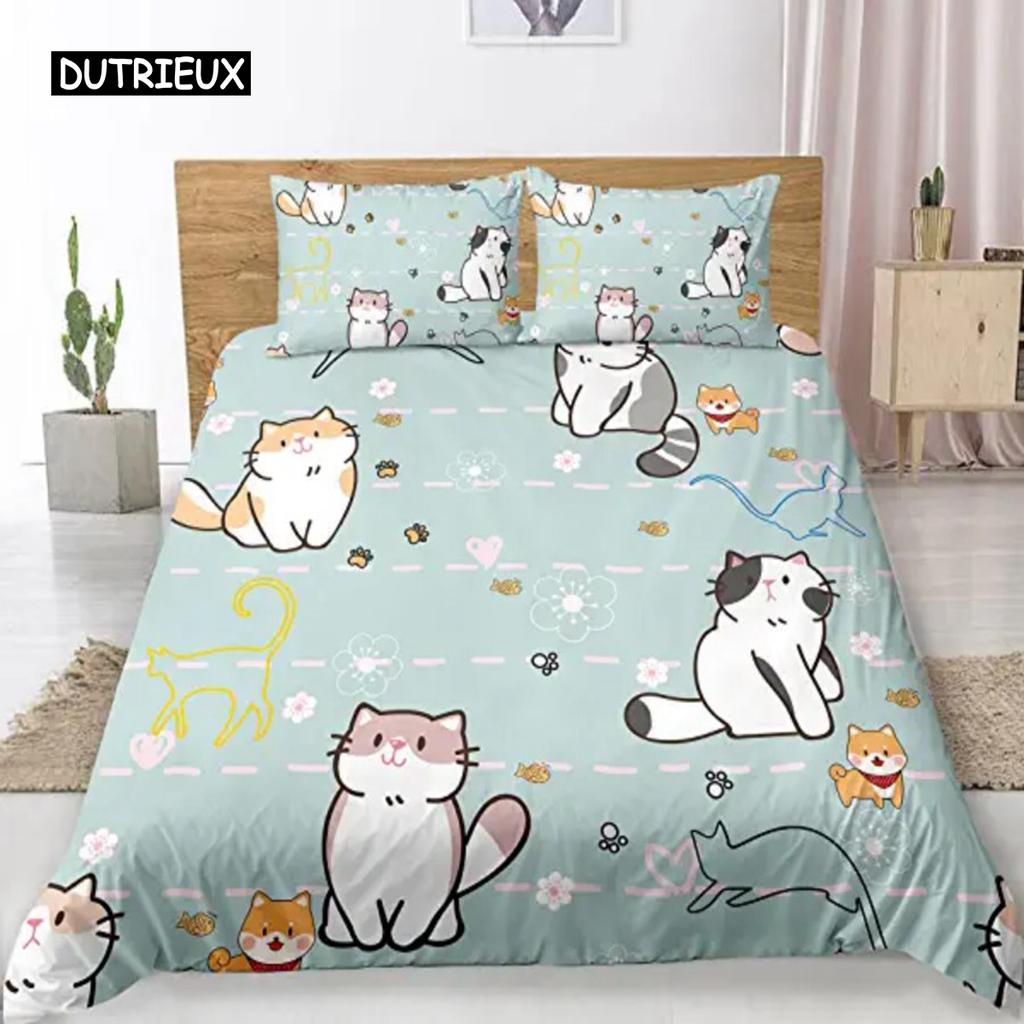 Cartoon Cats Green Duvet Cover Cute Cartoon Cats Pet Bedspread Printed Duvet Cover Set for Boys Girls for Room Decoration Gifts