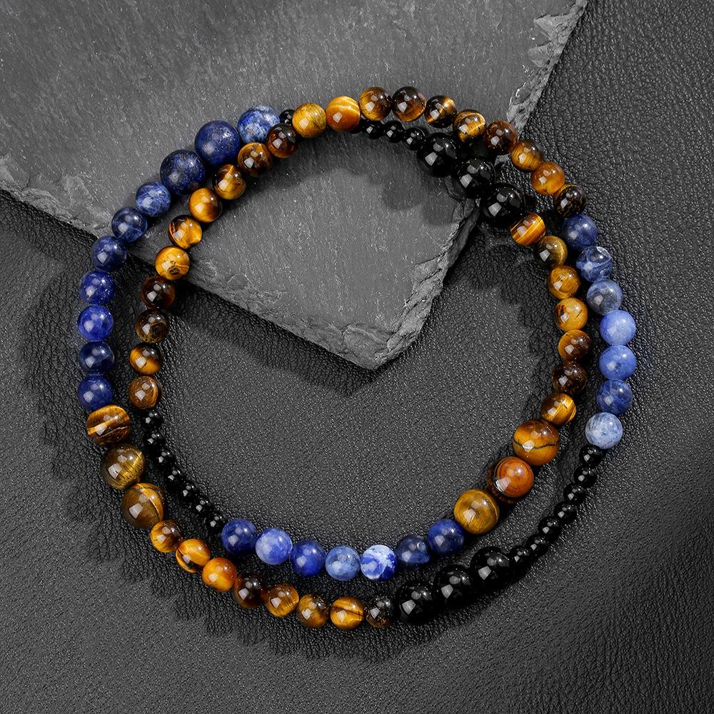 Ожерелье из натурального камня, лазурит, тигровый глаз, бусы, богемный стиль, неровные украшения