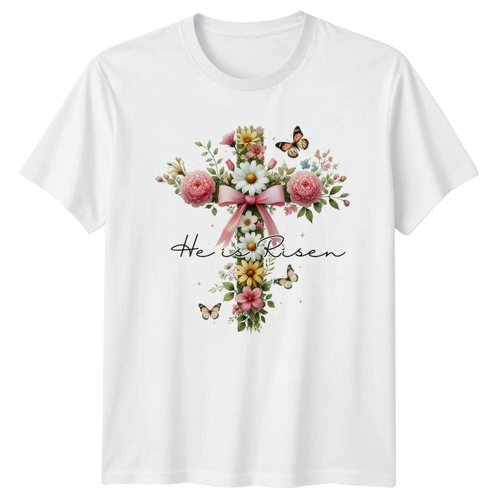 He Is Risen Unisexs TShirt Floral Cross Christian Easter Gift For Her S