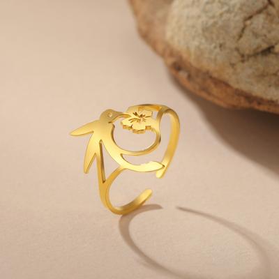 Hummingbird Flower Open Rings Women Stainless Steel Gold Adjustable Finger Rings Trend Animal Jewelry Gift