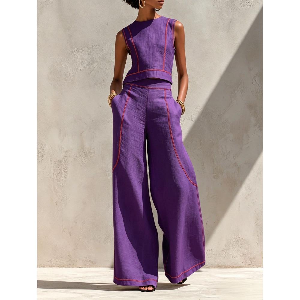 Women's Casual Tracksuit Sleeveless Tank Top High Waist Wide Leg Pants Two Piece Outfit