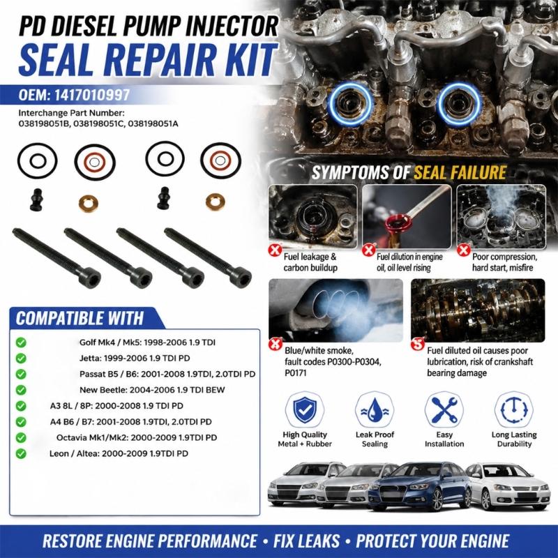 Fuel Injector Nozzle Gasket Repair Kit, 4 Sets of Metal and Rubber Sealing and Fastening Parts, Reference 1417010997 038198051C for Golf Mk4/Mk5