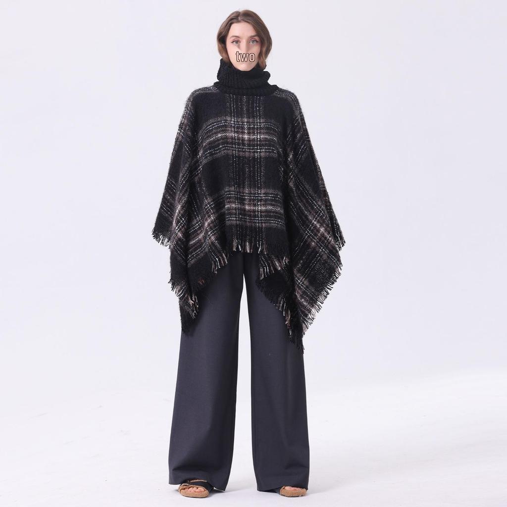 Plaid Tassel Pullover Shawl with High Collar - Plus Size, Autumn/Winter Collection