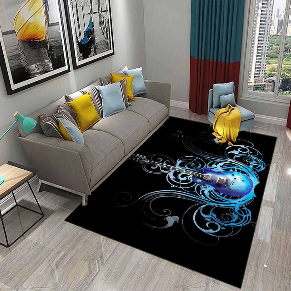 3D Water and Fire Guitar Carpet Music Enthusiast Carpets for Living Room Bedroom Decoration Kitchen Bathroom Non-slip Floor Mats