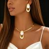 Trendy Gold White Resin Stone Jewelry Set Oval Pendant Herringbone Necklace & Drop Earrings For Women Daily & Bridal Wear
