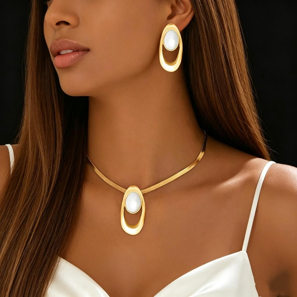 Trendy Gold White Resin Stone Jewelry Set Oval Pendant Herringbone Necklace & Drop Earrings For Women Daily & Bridal Wear