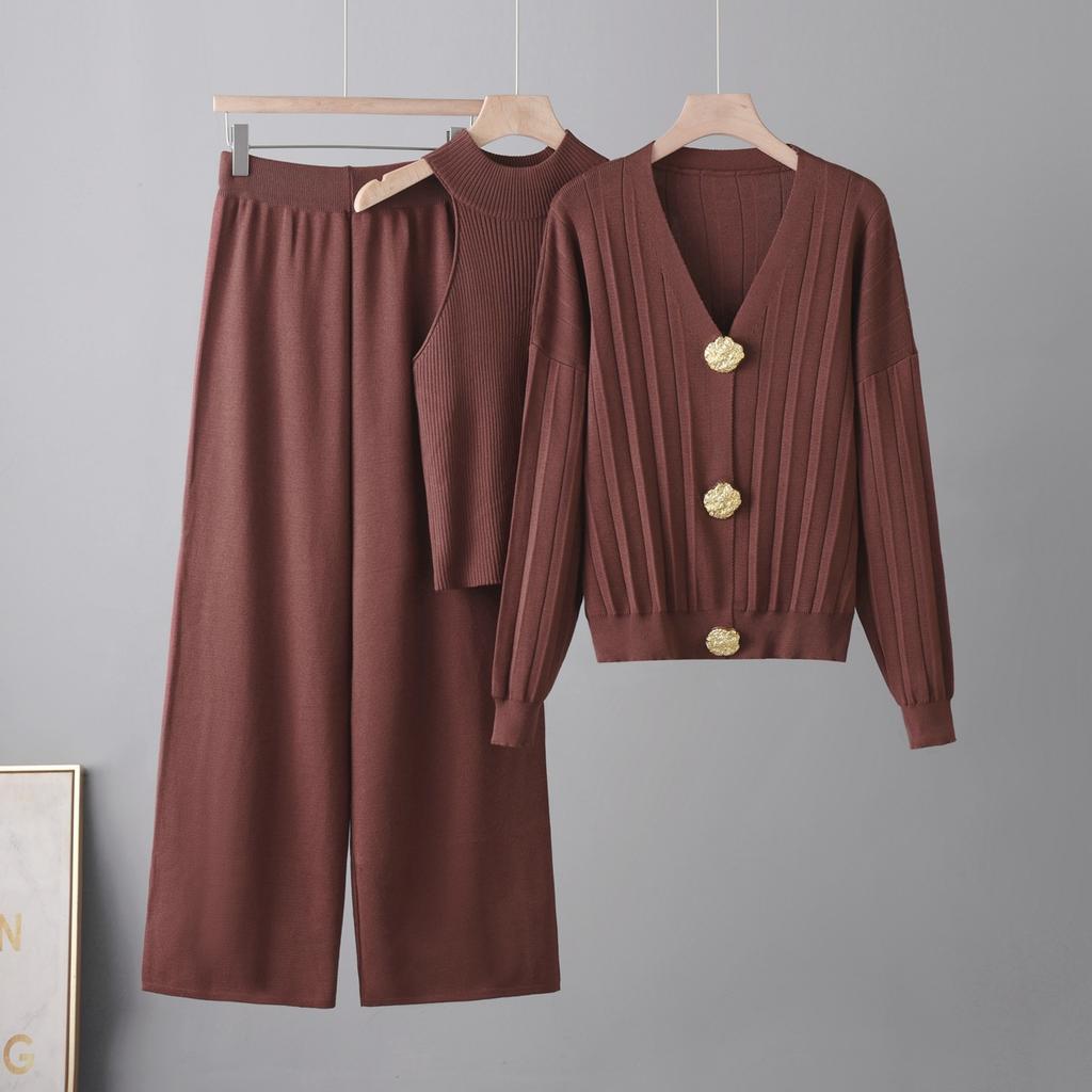 Foreign trade big metal buttons knitted suit women's autumn and winter casual cardigan sweater vest skirt three-piece set Europe and America