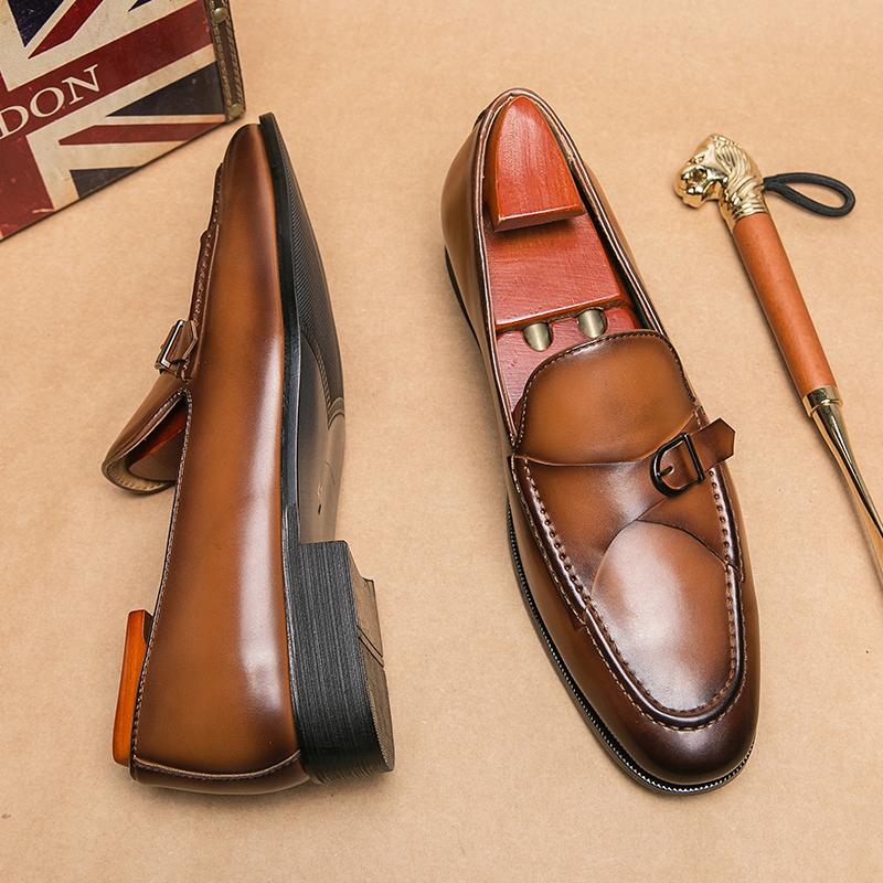 New Men Dress Shoes Loafers Brown Square Toe Slip-On Business Wedding Mens Shoes  Handmade