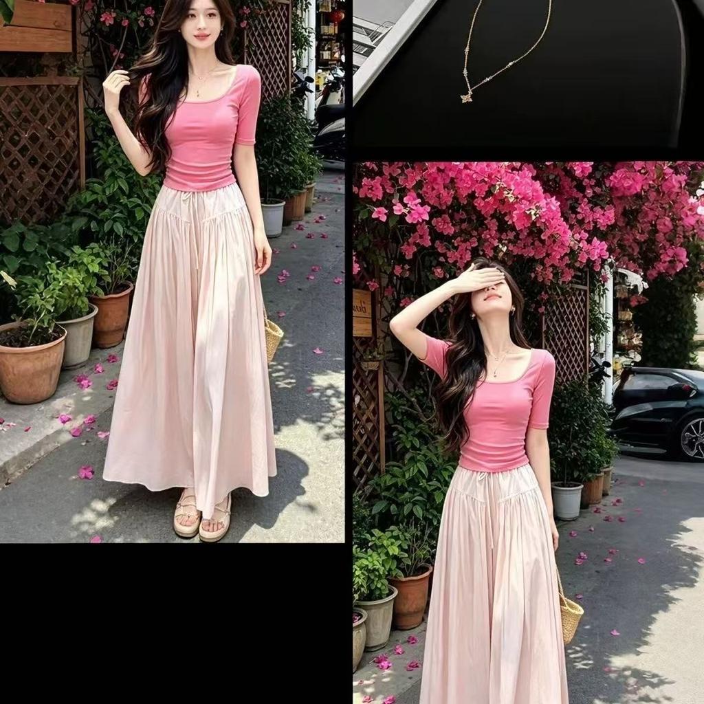 New Korean Sweet Style Pink Medium-sleeved Top Women's Summer New Lazy Style Versatile Culottes Suit Trendy