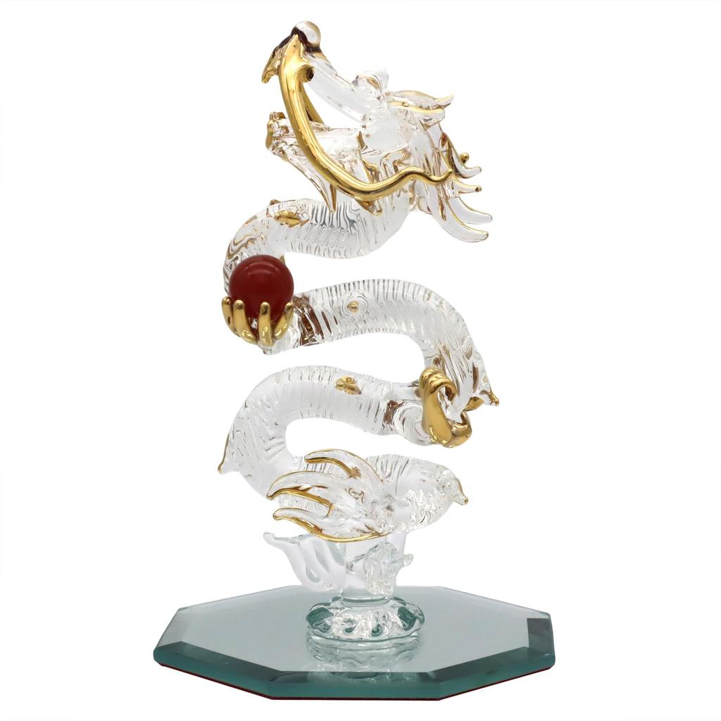 Fourcart Cute Handmade Glass Craft with Natural Stone Rising Dragon (Red Agate)