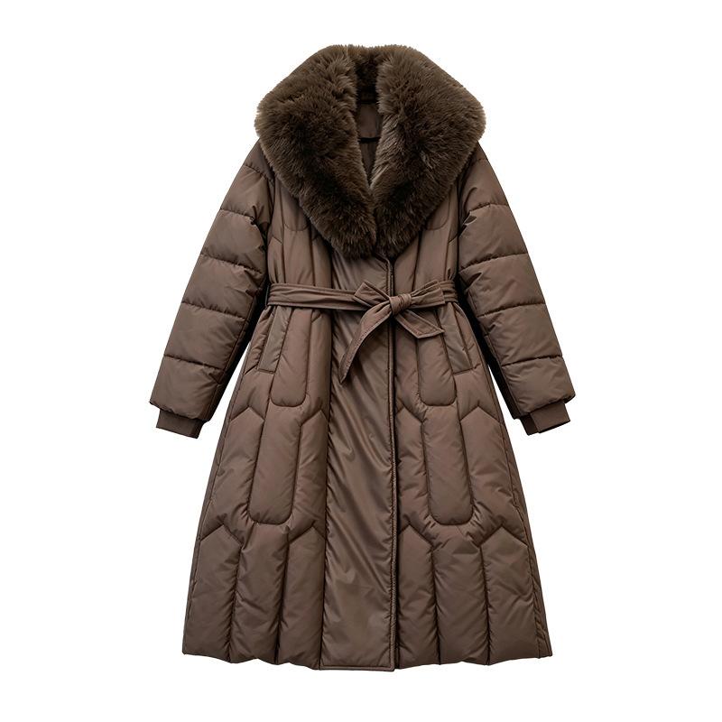 Winter new long cotton-padded clothes are fashionable and versatile, simple big fur collar, women's warm belt, foreign style