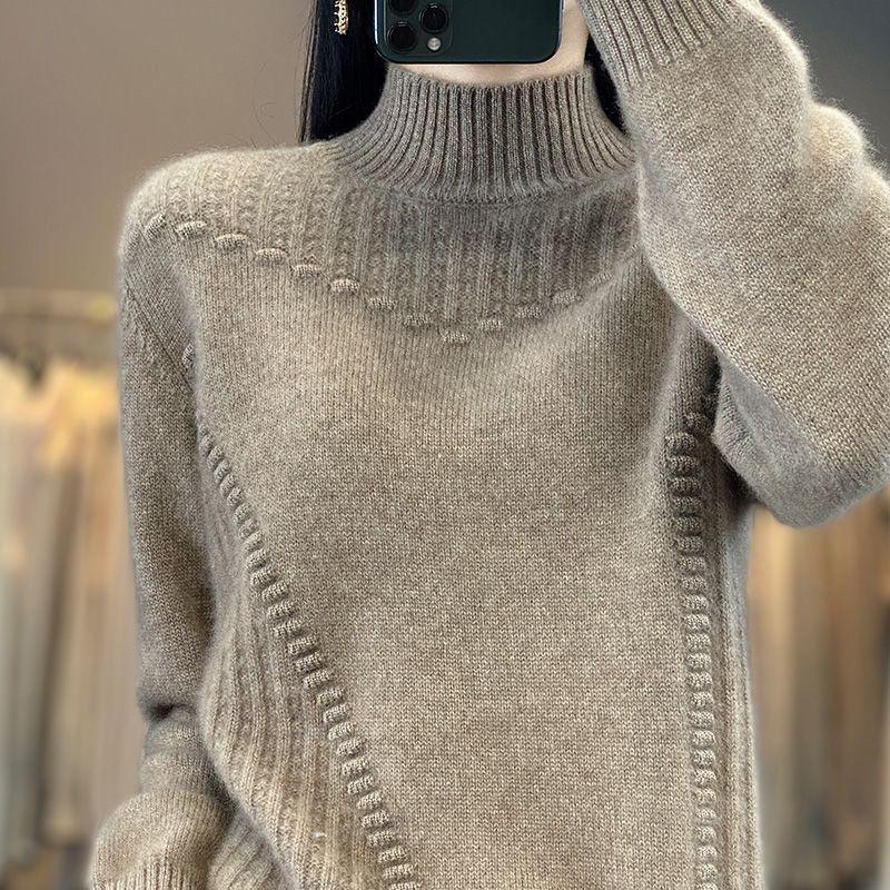 Damesemi-høy hals tykk ensfarget genser pullover avslappet løs og slankende strikket genser