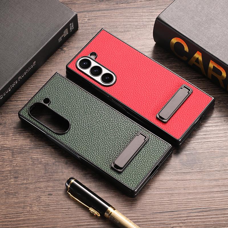 For Samsung Galaxy Z Fold 6 Case Luxury Lichee Pattern PU Leather Metal Back Kickstand Protective Folding Cover for Z Fold 6