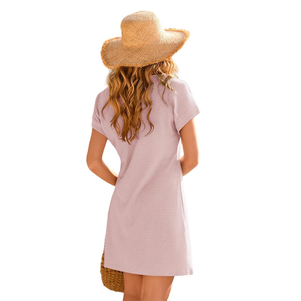 Women's Casual Short Sleeve Dress V Neck Lace Trim Pineapple Texture Summer Spring Tunic Shirt Dress