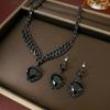 Trendy Zircon Earrings & Heart Necklace Set: Fresh Black Jewelry with a Stylish Collarbone Chain
