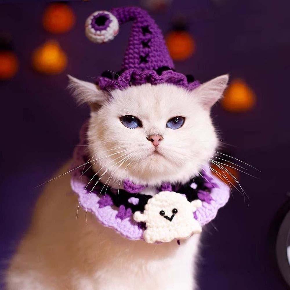 Clothes Halloween Cat Headgear Pumpkin Cat Woven Hat Bib Halloween Pets Costumes  Pet Accessories