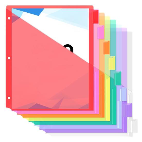 8Pcs Tab Binder Dividers with Pockets Colorful Workbook Divider Tabs Easy Classification 3 Hole Punch Loose Leaf Paper Storage Folders