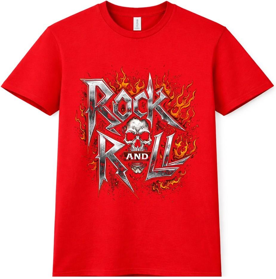 Rock N Roll T Shirt Flaming Skull Heavy Metal Gothic Biker Vintage Tee