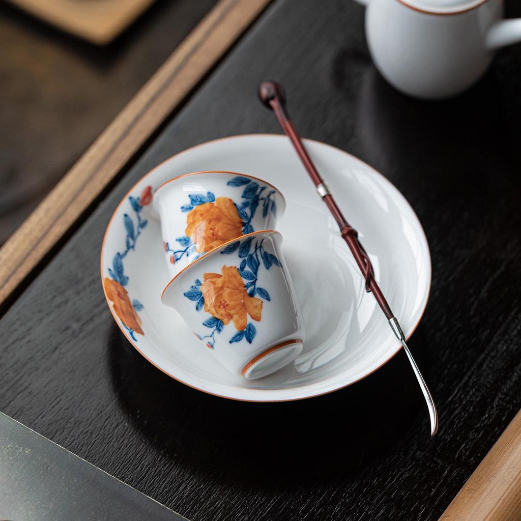 Guanlan Hand-Painted Peony Ceramic Tea Cup, Single Kung Fu Master Cup for Personal or Guest Use