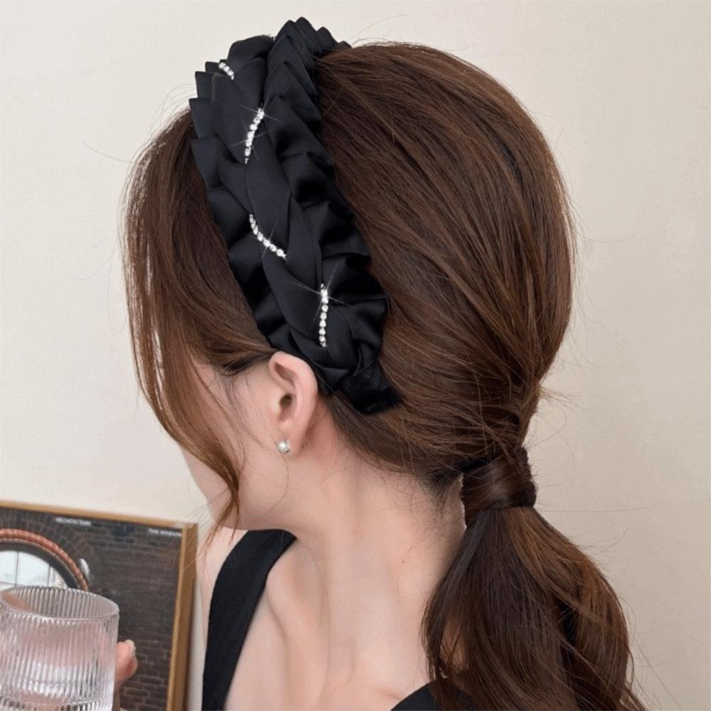 Wide Black Hairband Rhinestone Wrinkle Headband Retro Women Hair Hoop  Funeral