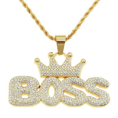 European and American Cool Hip Hop Full Diamond Crown Letters Boss Pendant Necklace Fashionmonger Personalized Exaggerated Long Accessories Pendant