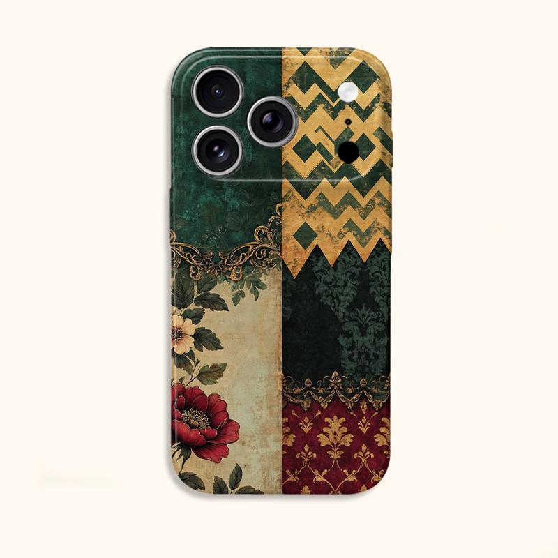 Noble Green Gold Baroque Patchwork Floral Art Graphic Film Aesthetic Protective Shockproof Bumper Case For iPhone 13 14 15 16 17 Pro Max Plus