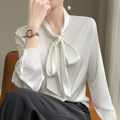Acetate Satin Bow Streamer Neck Shirt for Women In Summer New Draped Silky Korean Style Long-sleeved Top Base Shirt